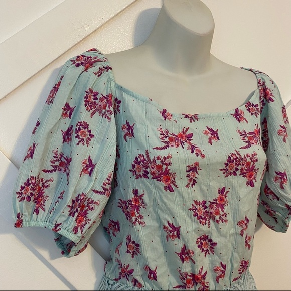 Free People Angela Floral Printed Square Neck Puff Sleeve Lace Bodysuit Blue XS - Picture 3 of 8